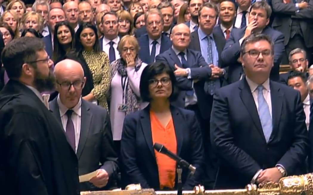 A video grab shows tellers delivering the result of the vote on an amendment brought by Oliver Letwin  to a motion on the vote on the Brexit deal in the House of Commons in London on October 19, 2019.