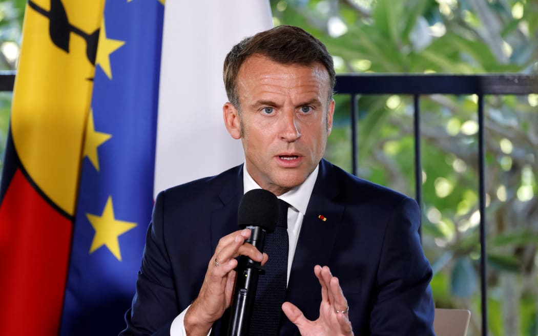 French President Emmanuel Macron speaks during a meeting with New Caledonia's elected officials and local representatives at the French High Commissioner Louis Le Franc's residence in Noumea, France's Pacific territory of New Caledonia on May 23, 2024. Macron flew to France's Pacific territory of New Caledonia on a politically risky visit aiming to defuse a crisis after nine days of riots that have killed six people and injured hundreds. Macron's sudden decision to fly to the southwest Pacific archipelago, some 17,000 kilometres (10,500 miles) from mainland France, is a sign of the gravity with which the government views the pro-separatist violence.