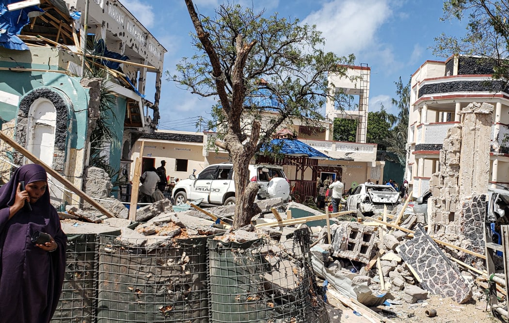 A view taken on July 13, 2019 shows the rubbles of the popular Medina hotel of Kismayo, a day after at least 26 people, including several foreigners, were killed and 56 injured in a suicide bomb and gun attack claimed by Al-Shabaab militants.