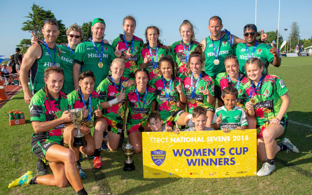 Manawatu women celebrate winning the  New Zealand Sevens title 2018.