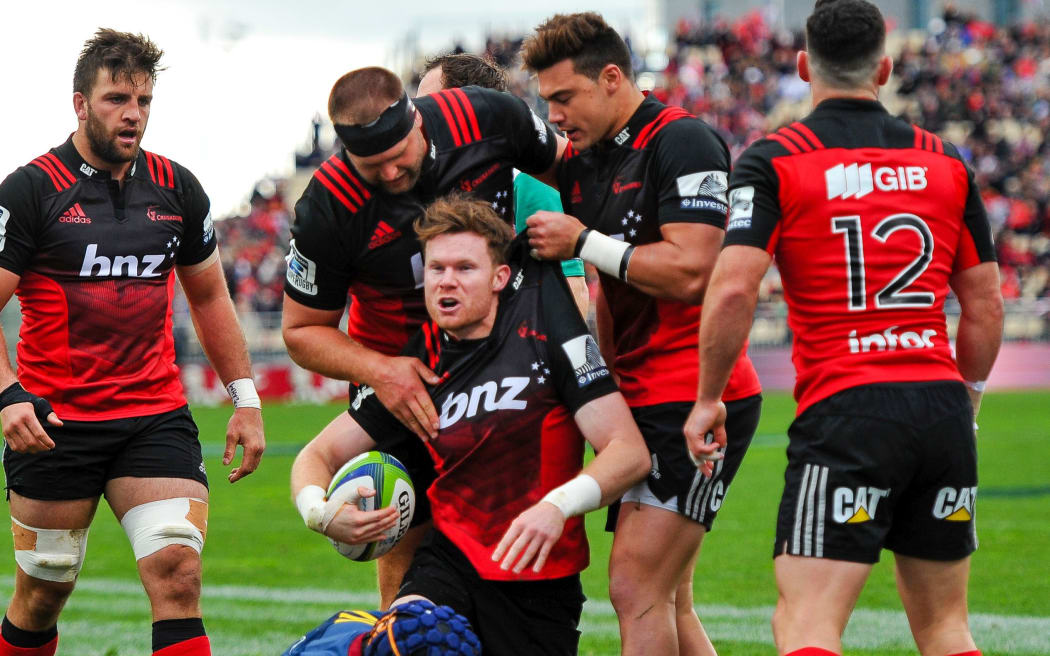 Crusaders celebrates Mitchell Drummond try V Highlanders, Christchurch.