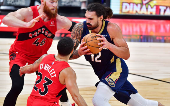 New Orleans center Steven Adams drives in the lane in his first NBA game for the Pelicans against the Toronto Raptors.