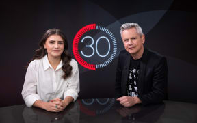 Chlöe Swarbrick, Co-Leader of the Green Party, in studio with Guyon Espiner for season 3 of '30 with Guyon Espiner'.