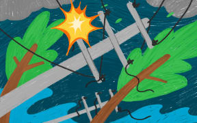 Stylised illustration of down power lines, toppled trees and rising water.