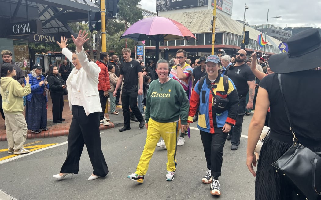 Karen O'Leary, centre, at the Wellington Pride parade.