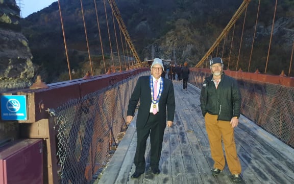 Jim Boult and Henry van Asch get ready to bungy jump.