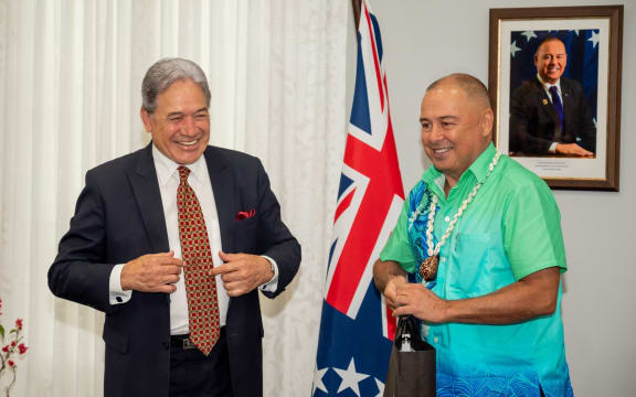 Happier times … New Zealand Foreign Minister Winston Peters and Cook Islands Prime Minister Mark Brown in Avarua, February 2024. 25111921/Facebook/MFAI).
