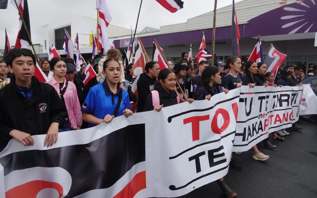 The national hīkoi passes through Kaitaia on 11 November 2024.