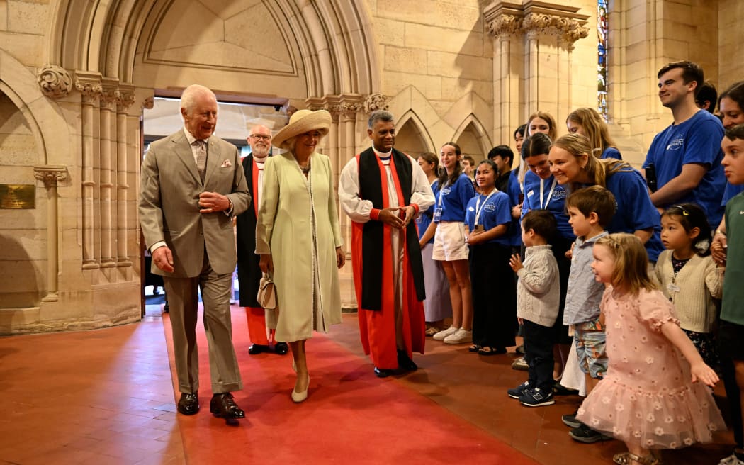Britain's King Charles III and Queen Camilla arrive to attend a Sunday morning service at St Thomas' Anglican Church in Sydney on October 20, 2024, during their six-day royal visit to Sydney and Canberra.