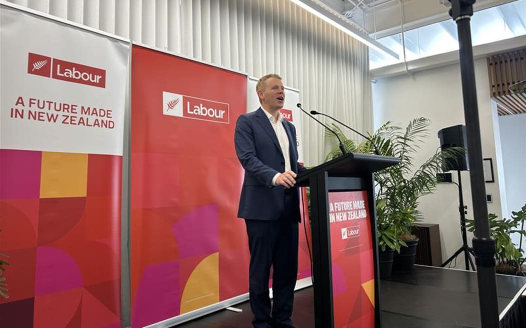 Labour leader Chris Hipkins speaking at a campaign event near Auckland's waterfront on Thursday.