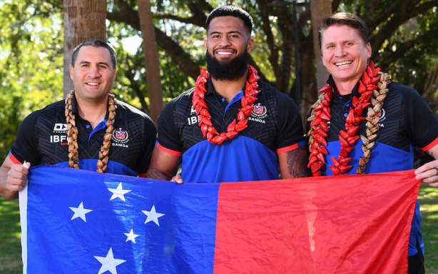 Payne Haas (middle) will play international rugby league under the Samoan flag after switching his allegiance. (AAP: Jono Searle )