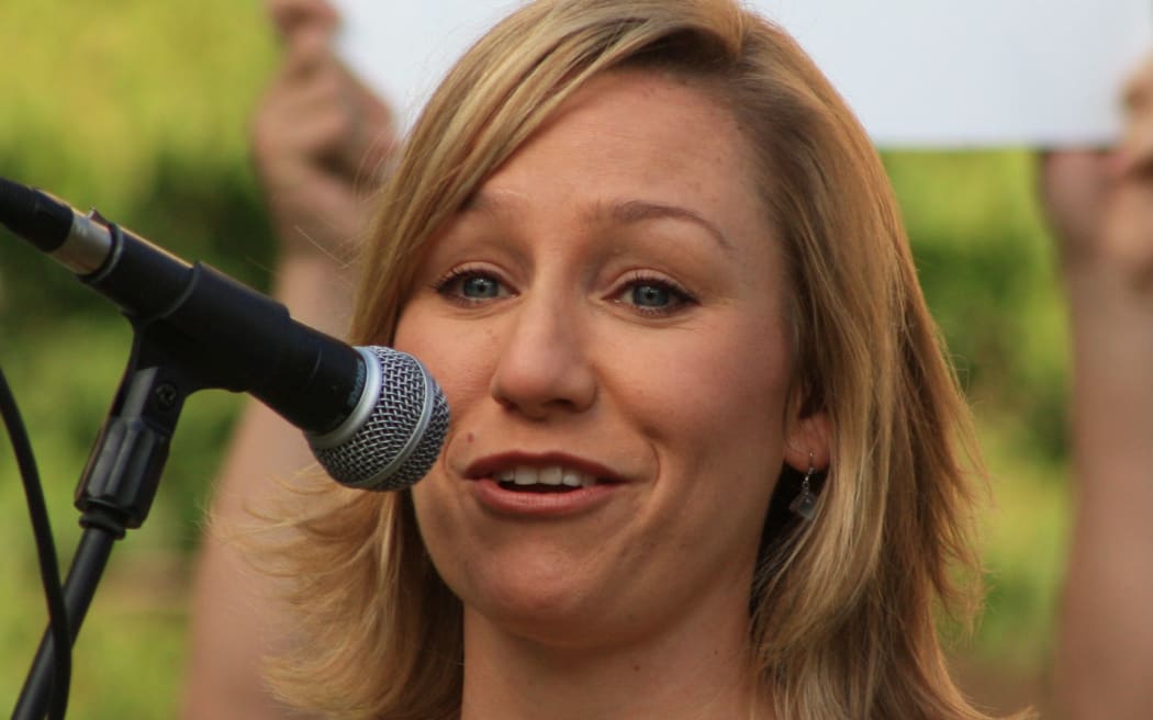 Former Australian Greens senator Larissa Waters speaks at a student rally in 2014.