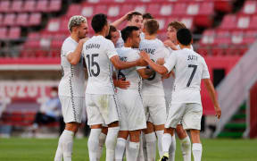 Chris Wood celebrates his goal with teammates during New Zealand v Republic of Korea, Men's Group B Tokyo 2020 Olympic Games football match at Ibaraki Kashima Stadium, Japan on Thursday 22nd July 2021.