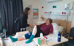 Jacinda Ardern meets a patient. She announced the government would supply $200m to build a new elective surgery unit at North Shore Hospital.