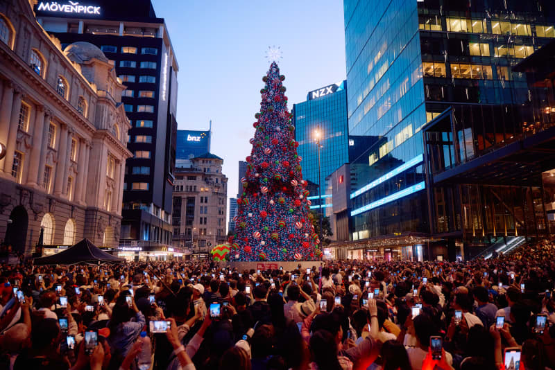 Standing 18.4 metres tall, with a 15-metre steel frame, 2-metre base and 1.4-metre star topper, Te Manaaki's Christmas tree is light up outside Britomart and Commercial Bay.