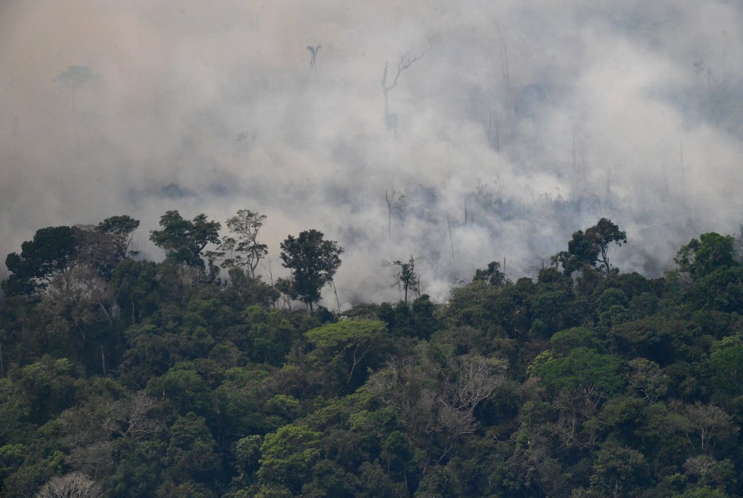Aerial picture showing smoke from a 2km stretch of fire billowing from the Amazon rainforest, about 65 km from Porto Velho, in northern Brazil, on August 23, 2019.