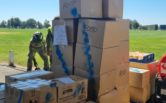 The Hastings' Tomoana Showgrounds has been transformed into a regional distribution hub for volunteers, Civil Defence staff, and military personnel to sort through donated clothing, food, and other supplies.