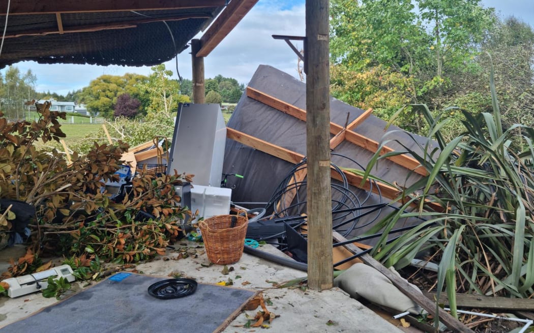 Tornado damage on Westdale Road, Tasman. The roof of a large shed has been blown off.