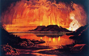 Mt Tarawera in Eruption June 10 1886. Chromolithograph of oil painting printed by A. D. Willis, Wanganui in 1886.