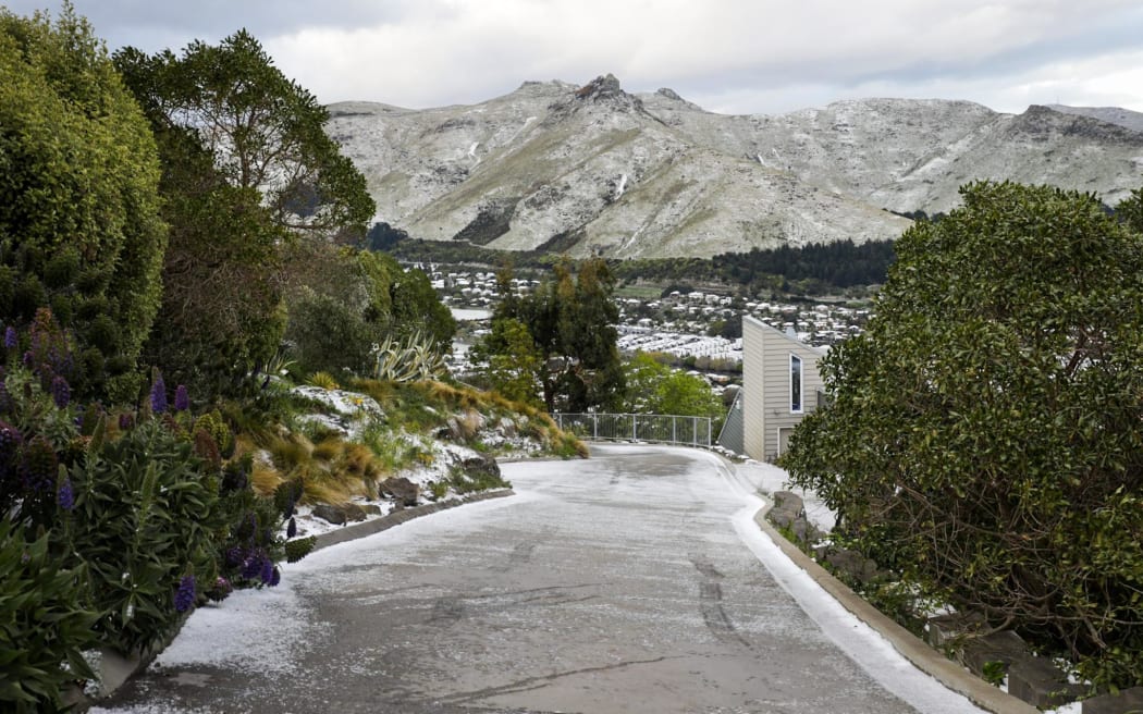 Snow in Christchurch viewed from the Port Hills on Thursday 6 October 2022