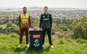 West Indies captain Shai Hope and New Zealand captain Mitchell Santner at a pre-series photo opportunity on One Tree Hill in Auckland.