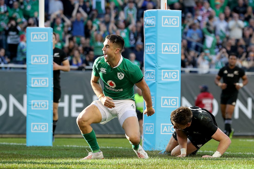 Ireland's Conor Murray celebrates scoring their third try against New Zealand at Soldier Field in Chicago.