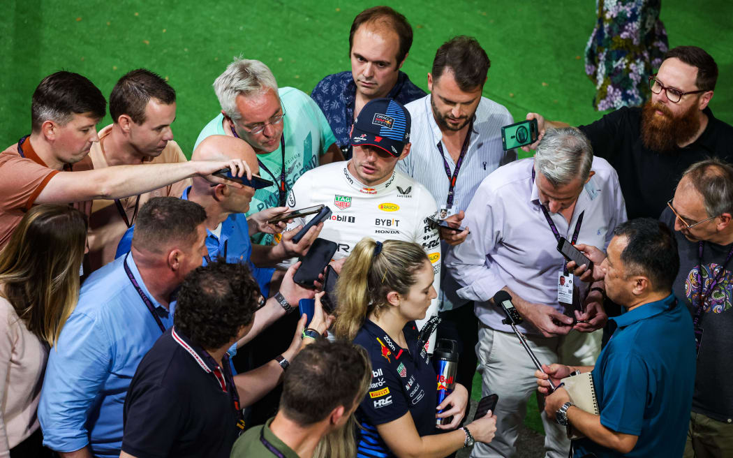 Red Bull F1 driver Max Verstappen talks to the media.