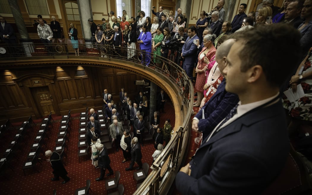 Dignitaries look down over proceedings as Governor-General Dame Cindy Kiro arrives to deliver the government's Speech from the Throne.