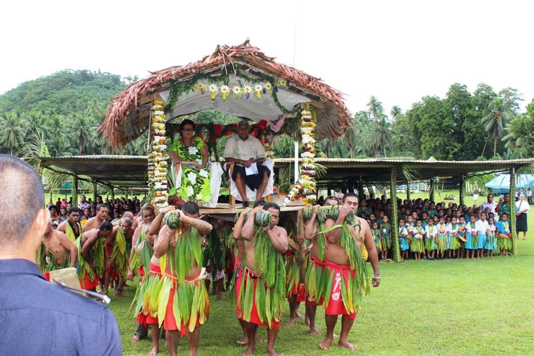 Fiji's Prime Minister Frank Bainimarama and his wife Mary are welcomed to Rotuma in a traditional ceremony during Rotuma Day celebrations.