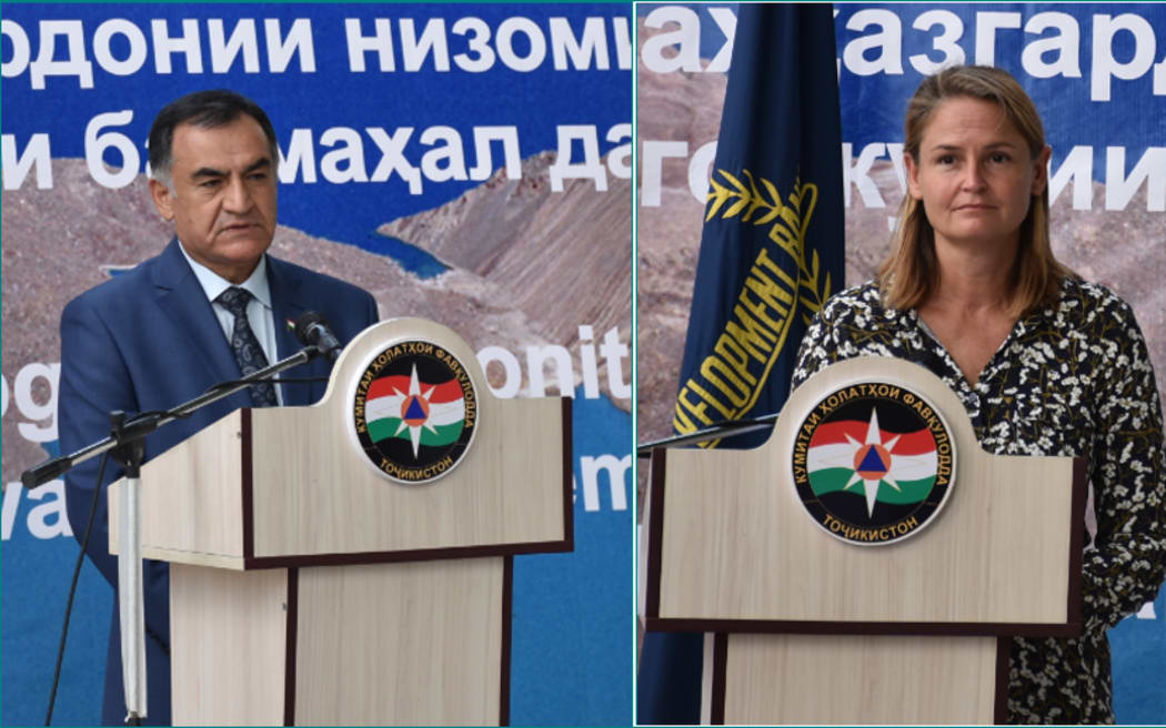 Shanny Campbell and the head of the Tajikistan Civil Defence, at the inauguration of disaster prevention and monitoring equipment for Sarez Lake.