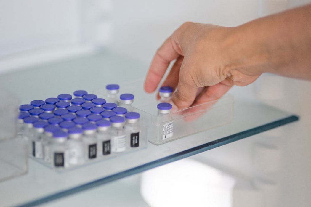 France, La Baule-Escoublac, 2021/07/29. Bottles of Pfizer / BioNTech vaccine against covid-19 in a fridge in La Baule vaccination centre.
