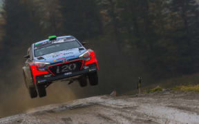 New Zealand rally driver Hayden Paddon competing at Rally Great Britain in Wales.