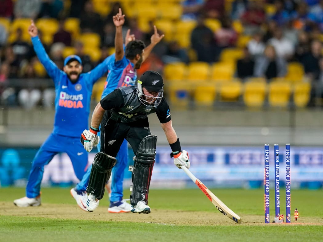 New Zealand's Tim Seifert is run out during the Twenty20 cricket international between India and New Zealand in Wellington, New Zealand, Friday, Jan 31, 2020.