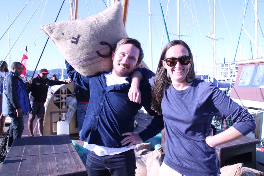 The Wellington Chocolate Factory's Gabe Davidson and Rochelle Harrison unload their cocoa shipment from the vaka, Uto Ni Yalo in Wellington Harbour. Oct 2015