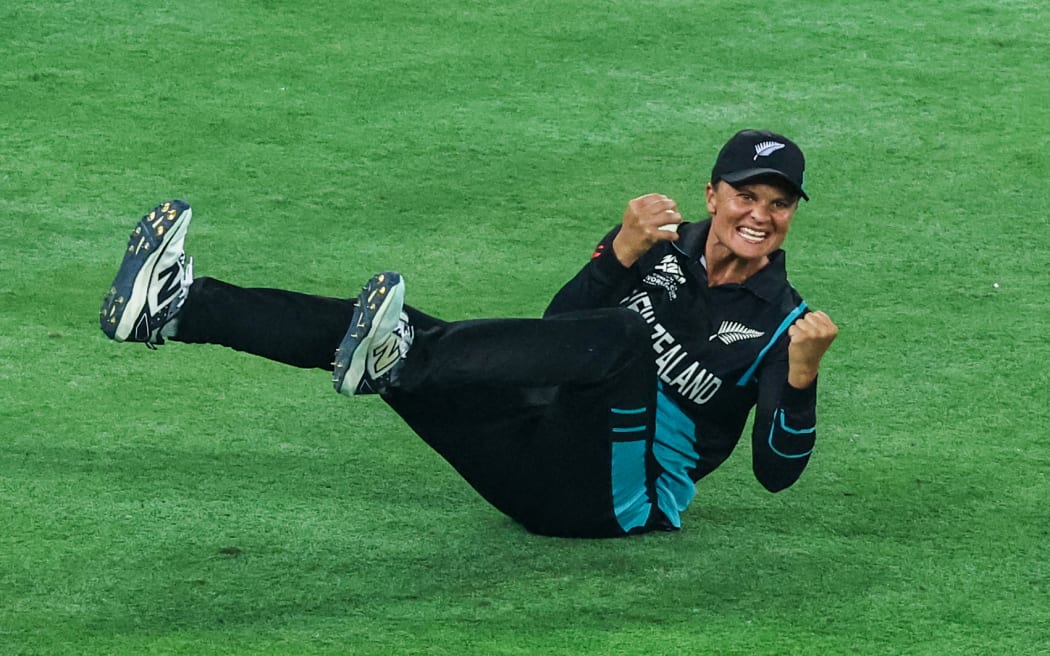 New Zealand's Suzie Bates celebrates after taking the catch to dismiss South Africa's Annerie Dercksen during the ICC Women's T20 World Cup cricket final match between South Africa and New Zealand at the Dubai International Cricket Stadium in Dubai.