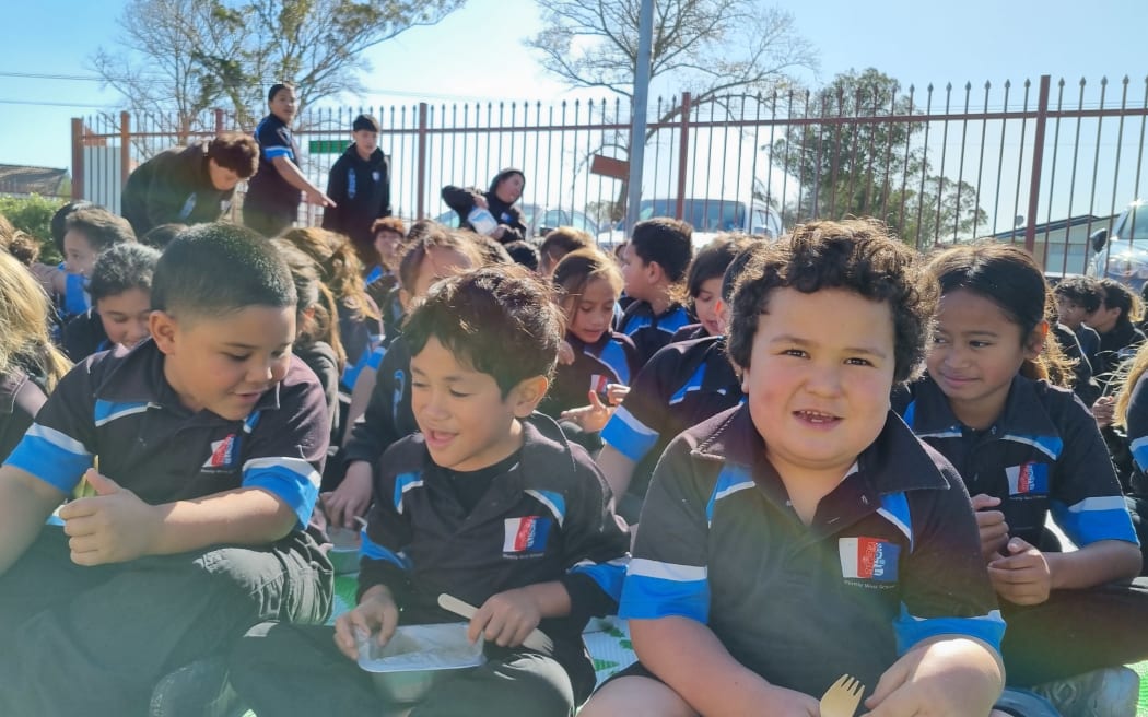 Huntly West School students tuck into their kai from provider Libelle via the Ka Ora, Ka Ako programme.