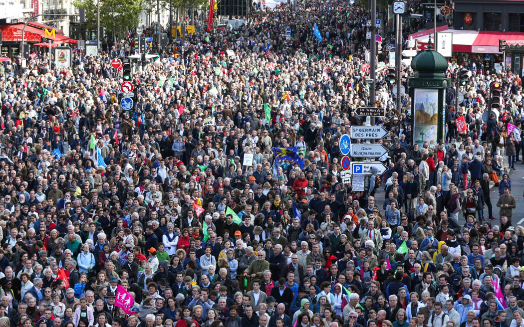 Several tens of thousands people take part in a protest against a government plan to let single women and lesbians become pregnant with fertility treatments, on October 6, 2019 in Paris.