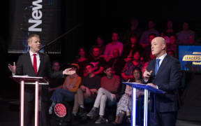 Election 2023 Newshub debate Chris Hipkins and Christopher Luxon are grilled by Patrick Gower from Newshub during the Newshub decision 2020 leaders debate at Q Theatre in Auckland on Wednesday night. 27 September 2023 Photograph by Greg Bowker
