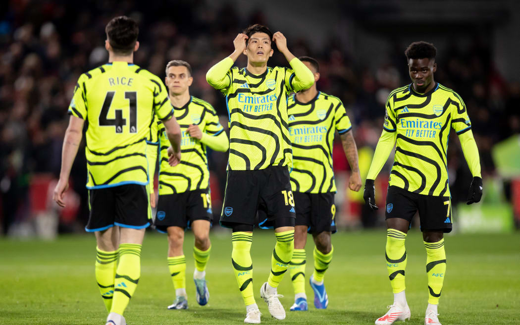 Takehiro Tomiyasu of Arsenal is gesturing during the Premier League match between Brentford and Arsenal at the Gtech Community Stadium in Brentford, on November 25, 2023. (Photo by MI News/NurPhoto) (Photo by MI News / NurPhoto / NurPhoto via AFP)