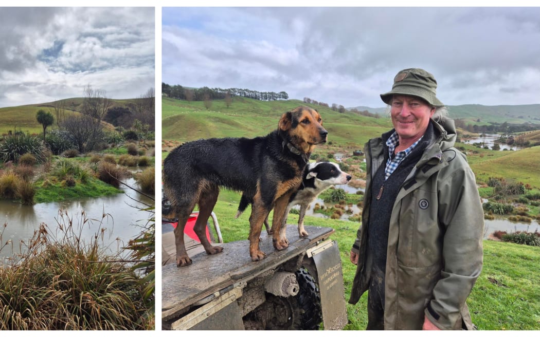 Two picture images, the first of a fam wetland, the other of farmer James Hunter above the wetland with two farm dogs on the back of his quad bike