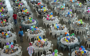 Tables set up ready to go at the Auckland City Mission Christmas lunch.