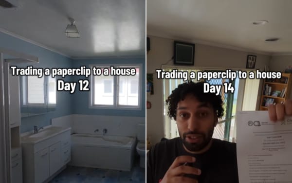 Screenshots of videos of Herman Jagpal on his mission of trading a paper clip to house.