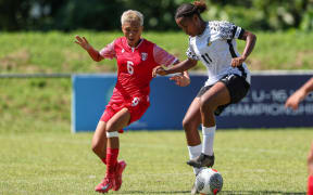 Fiji's Teonila Levuiciva and Tahiti's Merahi Brothers. OFC U-16 Women's Championship 2025, Fiji v Tahiti, Samoa Football HQ Apia, Friday 1 August 2025. Photo: Shane Wenzlick / www.phototek.nz