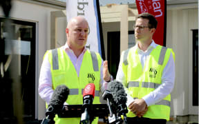 Christopher Luxon and Chris Penk at building codes update in Auckland