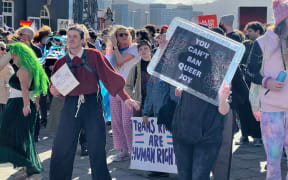 Protesters outside an anti-trans conference in Wellington.