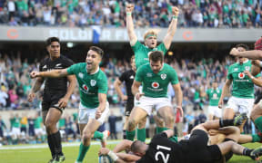 Ireland's Conor Murray celebrates Robbie Henshaw's try.