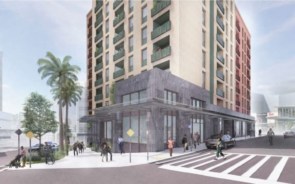 An artist's impression of the $100m apartment complex Kāinga Ora is seeking to build on the corner of Manukau's Osterley Way and Amersham Way.