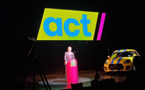 Crowd of about 600 people at ACT's sold out party conference at SkyCity Theatre this afternoon. 

ACT leader David Seymour drove a car sporting ACT colours onto the stage before he spoke at the conference.