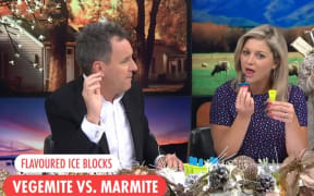 Mike Hosking and Toni Street eat marmite iceblocks shortly before announcing their departure.