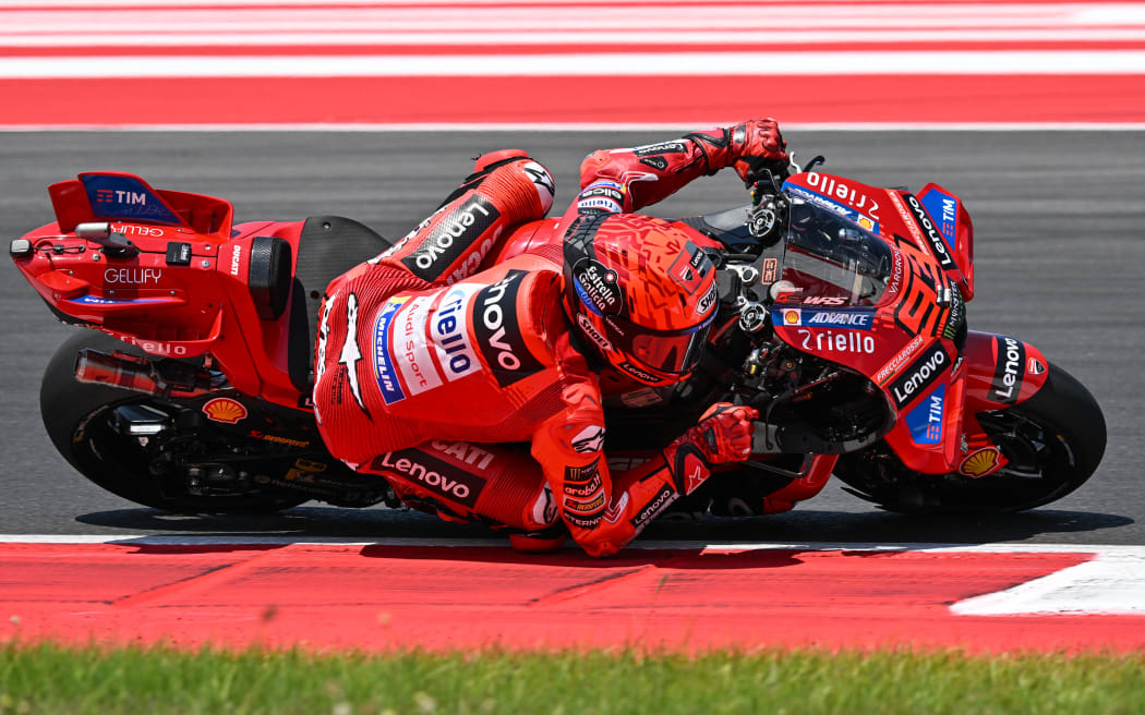Spanish MotoGP rider Marc Marquez, during the warm-up ahead of the Indonesian Grand Prix in Mandalika, October 5, 2025. (Photo by SONNY TUMBELAKA / AFP)